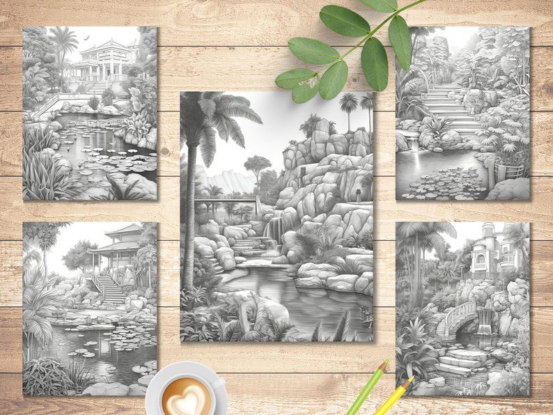 May include: Five black and white pencil drawings of different garden scenes. Each drawing features a pond, a waterfall, and lush greenery. The drawings are framed and displayed on a wooden surface.