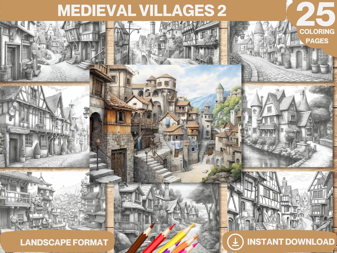 Medieval Villages 2 | Days Era Historic Architecture Coloring Book ...
