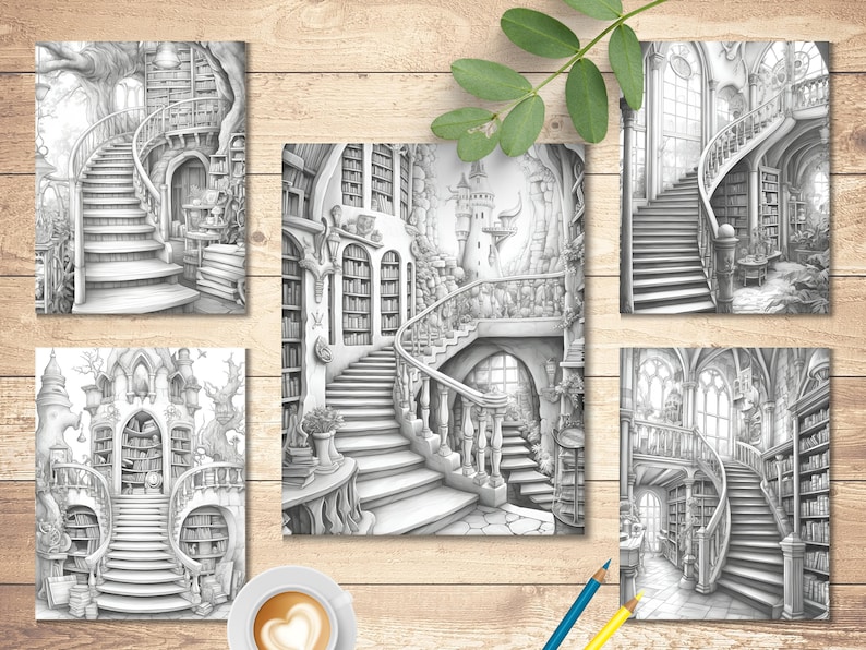 Enchanted Library Grayscale Coloring Book: 25 Fantasy Pages (printable ...