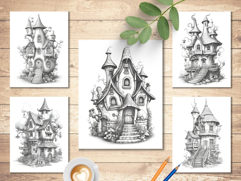 May include: Five black and white illustrations of whimsical, detailed, fairytale-style houses with multiple towers and turrets. Each house has a unique design and is drawn in a realistic style.