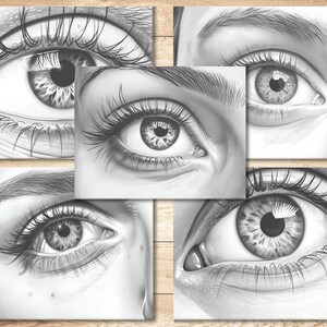 May include: Five close-up black and white pencil drawings of human eyes. Each eye is drawn with detail, including eyelashes, eyelids, and the iris.