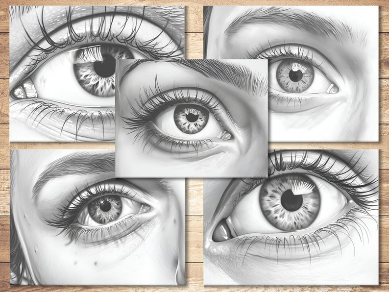 May include: Five close-up black and white pencil drawings of human eyes. Each eye is drawn with detail, including eyelashes, eyelids, and the iris.