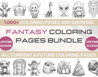 1000+ Fantasy Coloring Pages Bundle, Adult Coloring Book Bundle, Grayscale Coloring Books, Colouring Sheets, Digital Download, Printable PDF