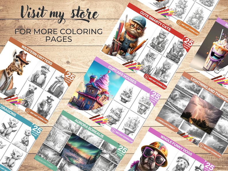 May include: A collection of 25 coloring pages featuring various themes, including cute cats, cupcake houses, dragons, western critters, aurora borealis, lightning and thunder, and funny dogs. Each page is available for instant download.