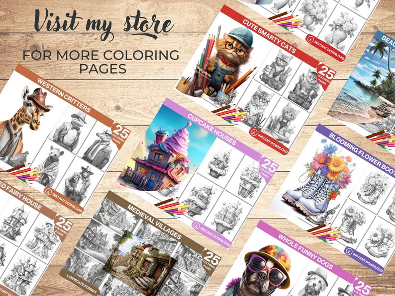 Pu&ograve; includere: Una collezione di 25 pagine da colorare con vari temi, tra cui gatti carini, case a forma di cupcake, villaggi medievali, stivali fioriti e cani divertenti. Ogni pagina &egrave; disponibile per il download immediato.