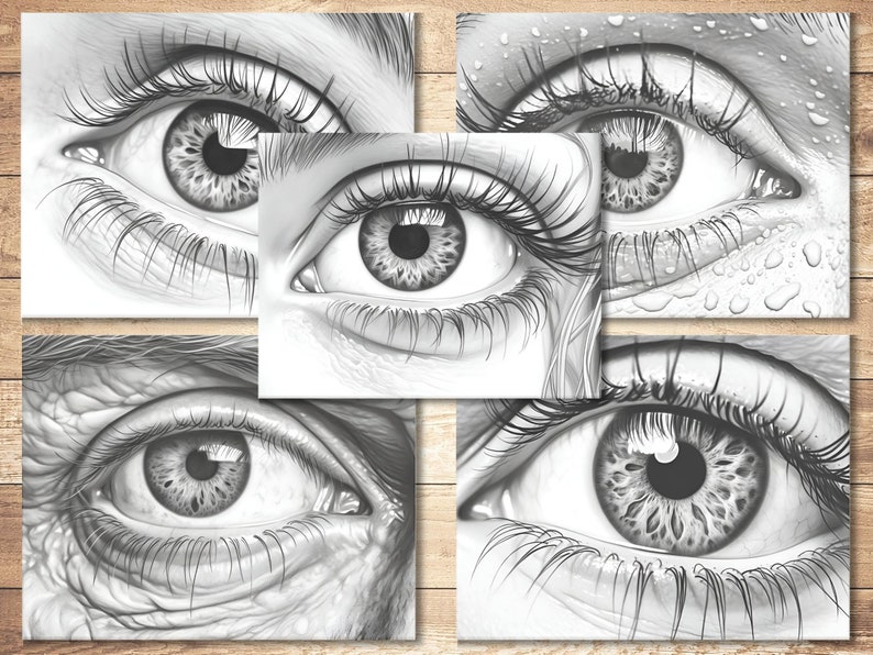 May include: A collection of five black and white pencil drawings of human eyes. Each eye is drawn in detail, with realistic shading and texture. The eyes are all looking in different directions.