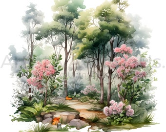 Watercolor Floral Forest Clipart – High Quality JPGs (Digital Download)