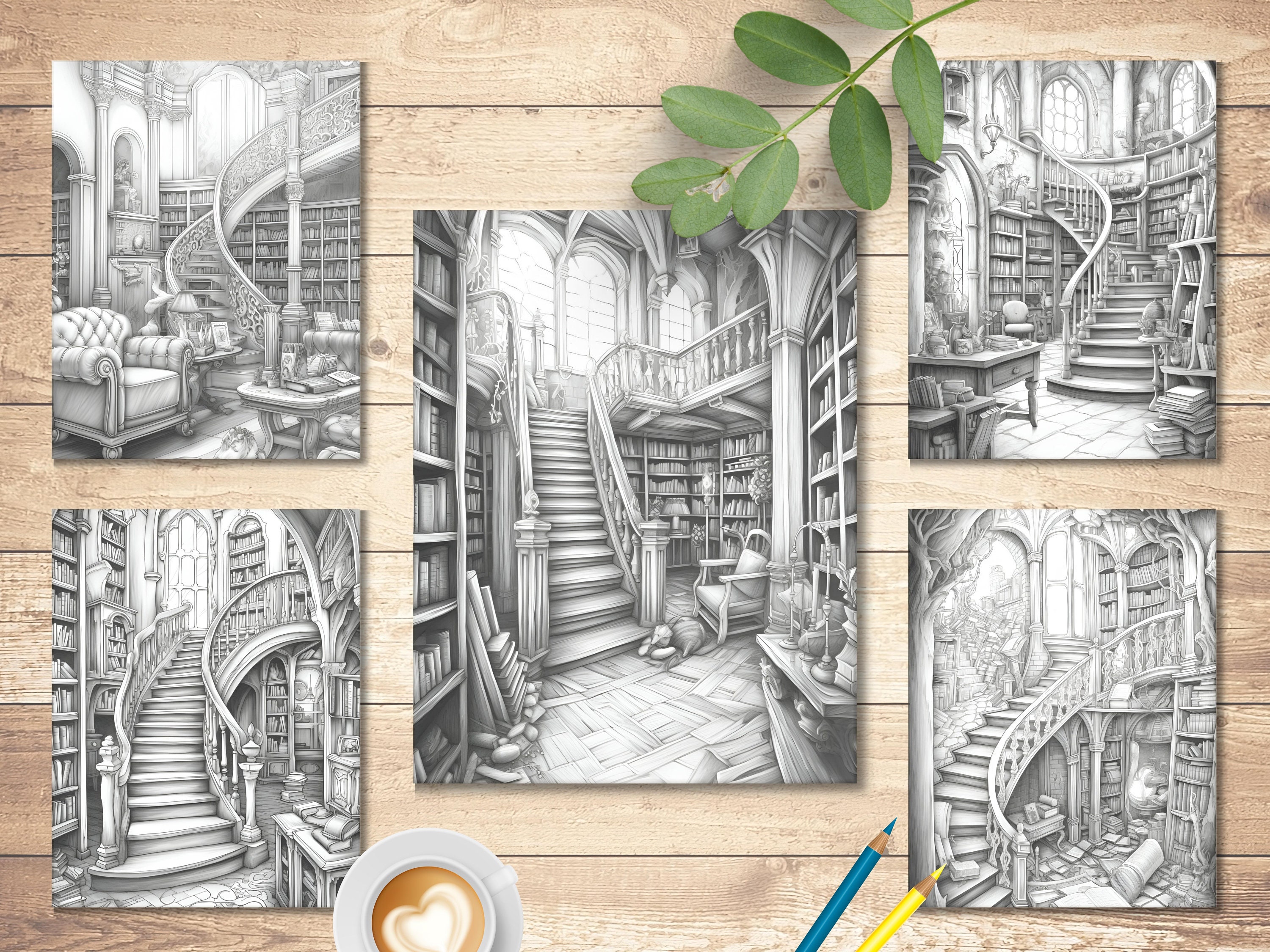 Enchanted Library Grayscale Coloring Book: 25 Fantasy Pages (printable ...