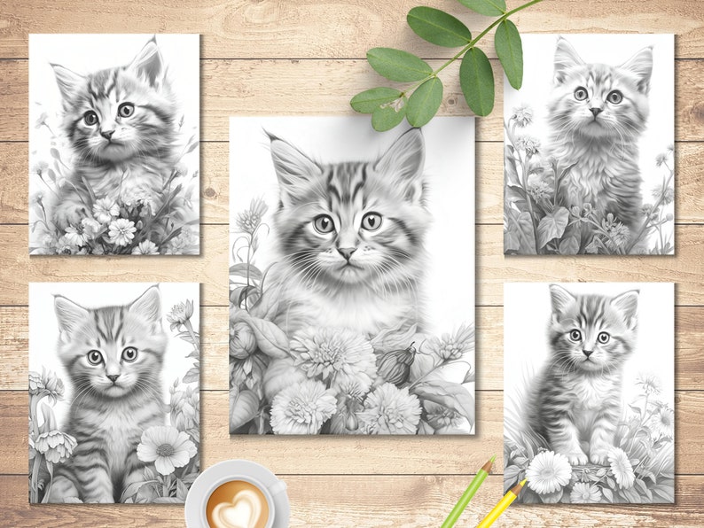May include: Five black and white illustrations of kittens surrounded by flowers. Each illustration is framed in a white border.