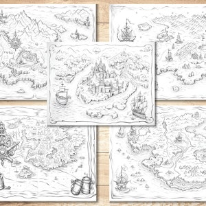 Pu&ograve; includere: Cinque mappe di isole disegnate a mano in bianco e nero con vari dettagli, tra cui castelli, navi e alberi. Le mappe sono su uno sfondo in legno.