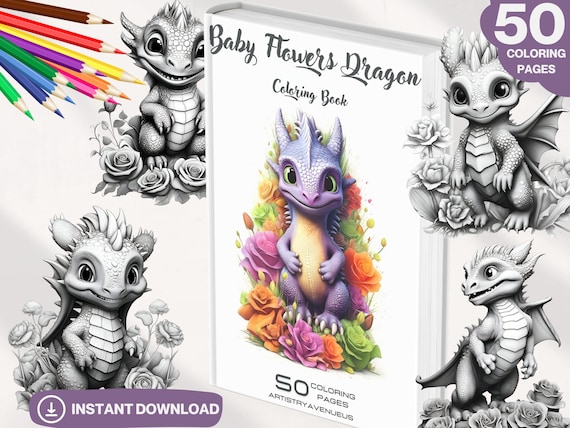 50 Baby Dragon Coloring Pages | Floral Grayscale (Printable PDF)