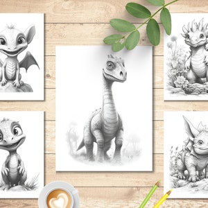 Cute Baby Dinosaur Coloring Book | Pages for Kids & Adults Grayscale ...