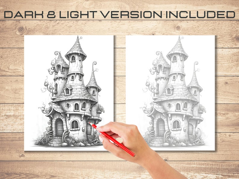 May include: A black and white pencil drawing of a whimsical, multi-level tower with a pointed roof and multiple windows. The drawing is on a white background.