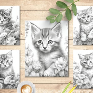 May include: Five black and white illustrations of kittens surrounded by flowers. Each kitten is looking at the viewer with big, round eyes. The kittens are drawn in a realistic style.