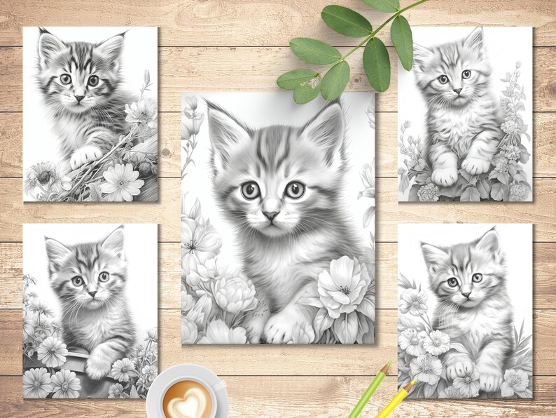 May include: Five black and white illustrations of kittens surrounded by flowers. Each kitten is looking at the viewer with big, round eyes. The kittens are drawn in a realistic style.