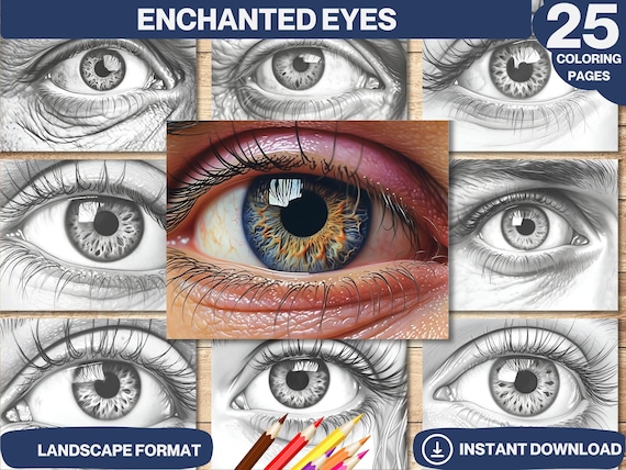 Enchanted Eyes Coloring Book: 25 Printable Grayscale Pages (PDF)