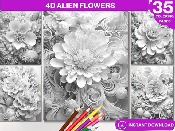 4D Alien Flowers Coloring Book: Grayscale PDF (Instant Download)
