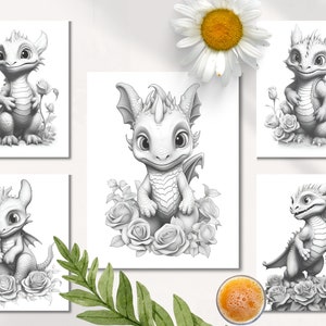 Puede incluir: Conjunto de cinco p&aacute;ginas para colorear imprimibles en blanco y negro con adorables dragones beb&eacute;s con rosas. Cada drag&oacute;n est&aacute; en una pose diferente y rodeado de rosas.