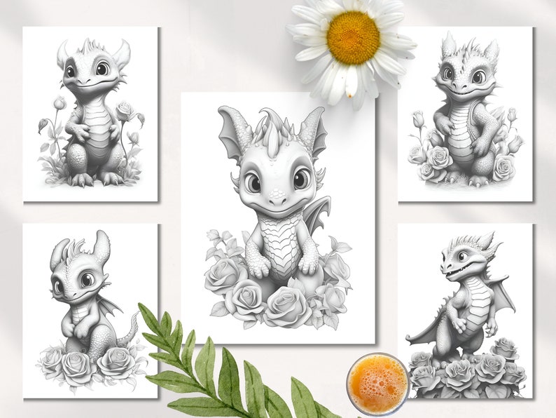 Puede incluir: Conjunto de cinco p&aacute;ginas para colorear imprimibles en blanco y negro con adorables dragones beb&eacute;s con rosas. Cada drag&oacute;n est&aacute; en una pose diferente y rodeado de rosas.