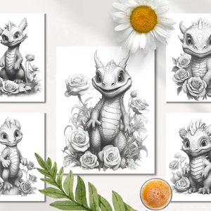Puede incluir: Cinco ilustraciones en blanco y negro de adorables dragones beb&eacute;s con alas y cuernos, cada uno rodeado de rosas. Los dragones est&aacute;n dibujados en un estilo realista con escamas y caracter&iacute;sticas detalladas.