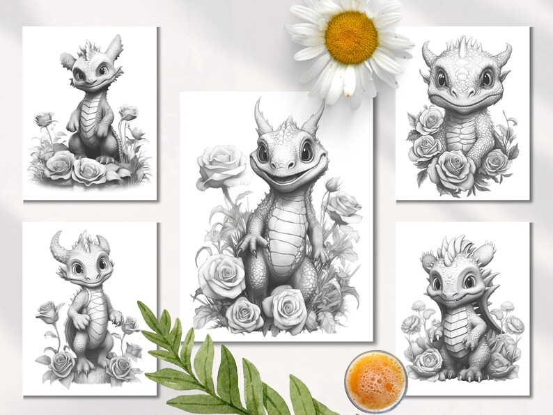 Puede incluir: Cinco ilustraciones en blanco y negro de adorables dragones beb&eacute;s con alas y cuernos, cada uno rodeado de rosas. Los dragones est&aacute;n dibujados en un estilo realista con escamas y caracter&iacute;sticas detalladas.