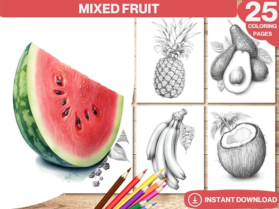 Mixed Fruit Coloring Book: Grayscale Printable Pages (PDF)