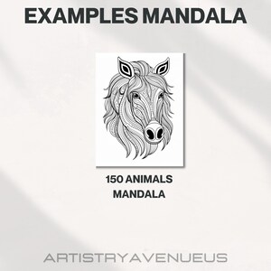 Op de afbeelding: Zwart-witte lijnkunst mandala ontwerp van een paardenhoofd. De afbeelding heeft de titel "150 Dieren Mandala" en de kunstenaar heet "Artistry Avenueus".