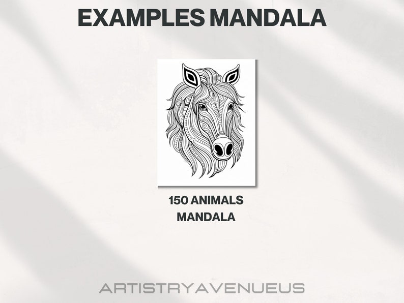 Op de afbeelding: Zwart-witte lijnkunst mandala ontwerp van een paardenhoofd. De afbeelding heeft de titel "150 Dieren Mandala" en de kunstenaar heet "Artistry Avenueus".