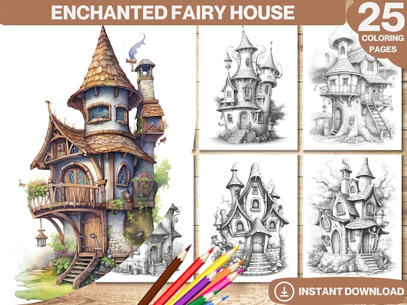 Enchanted Fairy House Coloring Book: Grayscale Illustrations (Printable PDF)