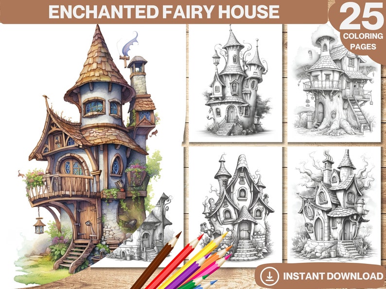 May include: A set of 25 coloring pages featuring whimsical fairy houses. The houses are drawn in black and white pencil and feature intricate details like windows, doors, and chimneys. The pages are perfect for adults and children who enjoy coloring.