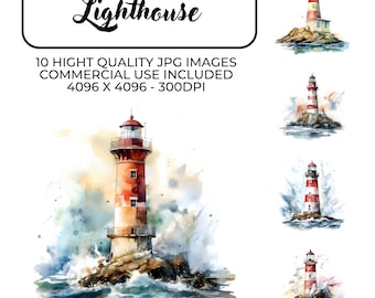 Watercolor Lighthouse Clipart – Coastal JPG Images (Digital Download)