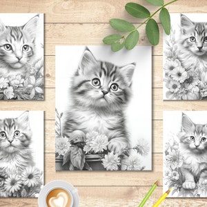 May include: Five black and white illustrations of kittens surrounded by flowers. Each kitten is looking up at the viewer. The kittens are drawn in a realistic style.