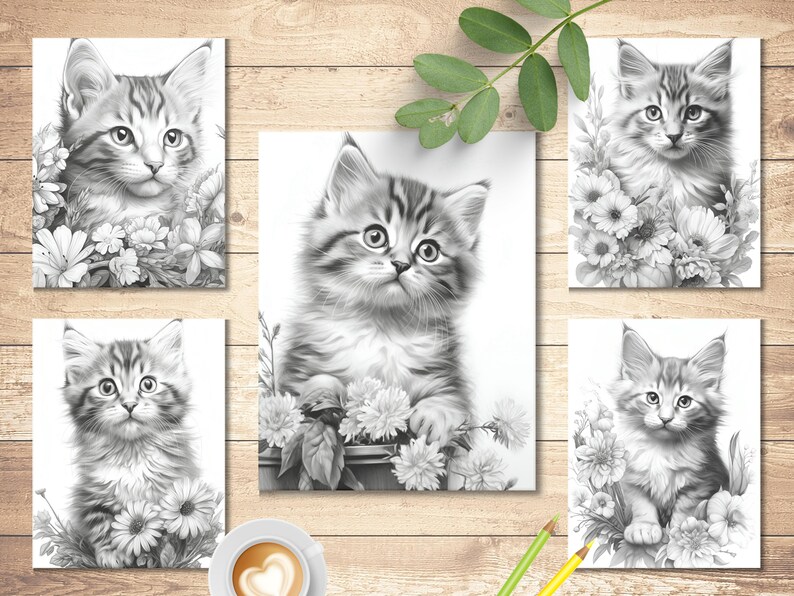 May include: Five black and white illustrations of kittens surrounded by flowers. Each kitten is looking up at the viewer. The kittens are drawn in a realistic style.