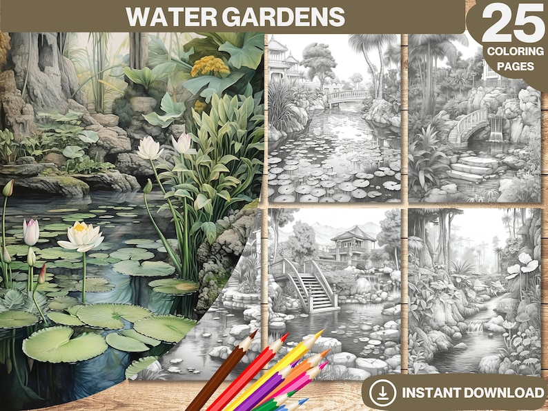 May include: A set of 25 coloring pages featuring water gardens. The pages depict serene scenes of ponds, bridges, and lush greenery.  The images are in black and white, ready to be colored.