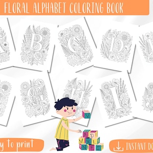 Livre de coloriage Alphabet floral | Lettres botaniques de A à Z | Coloriages pour adultes | Livres de coloriage pour adultes, enfants, téléchargement immédiat | PDF imprimable