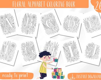 Floral Alphabet Coloring Book: Botanical Letters A-Z (Printable PDF)