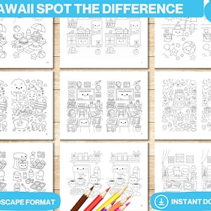 May include: A collection of ten coloring pages in landscape format, featuring Kawaii-style illustrations. The pages include scenes of picnics, kitchens, classrooms, and birthday parties. The text "KAWAII SPOT THE DIFFERENCE" and "10 COLORING PAGES" are visible.