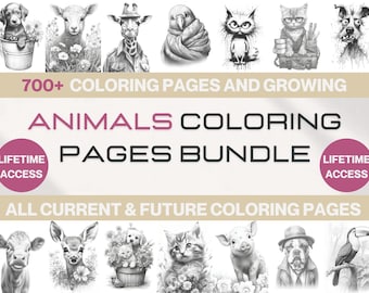 Bundel 700+ dieren kleurplaten: grijswaardenillustraties (digitale download)
