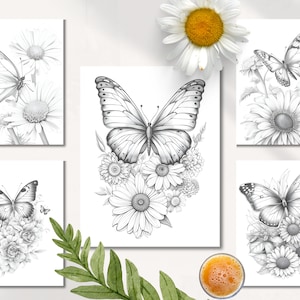 Pu&ograve; includere: Cinque stampe d'arte stampabili in bianco e nero con farfalle e fiori. Ogni stampa presenta un diverso arrangiamento di farfalle e fiori.