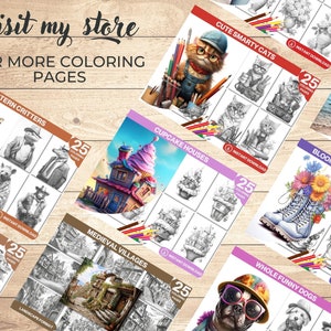 May include: A collection of 25 colouring pages featuring various themes, including cute cats, cupcake houses, medieval villages, blooming flowers, and funny dogs. Each page is labelled with the theme and includes the text "Instant Download".