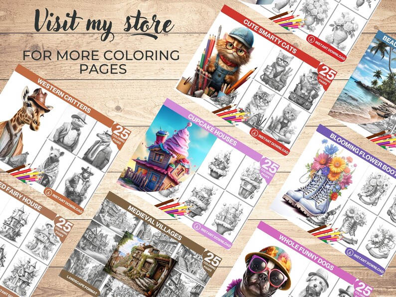 May include: A collection of 25 colouring pages featuring various themes, including cute cats, cupcake houses, medieval villages, blooming flowers, and funny dogs. Each page is labelled with the theme and includes the text "Instant Download".