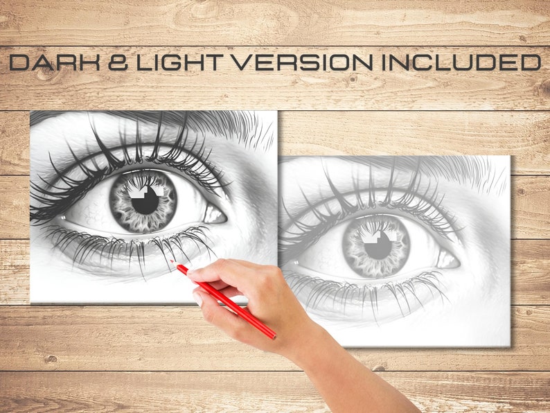 May include: Two black and white pencil drawings of a human eye. The drawing on the left is darker than the drawing on the right. A hand is holding a red pencil and is about to draw on the left drawing.