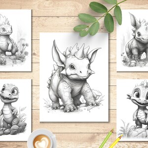 Cute Baby Dinosaur Coloring Book | Pages for Kids & Adults Grayscale ...