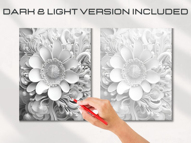 May include: A black and white image of a 3D paper flower with intricate details. The flower is surrounded by other paper flowers and leaves. The image is perfect for coloring or painting.