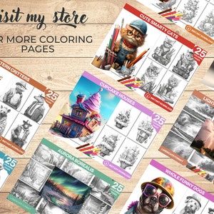 May include: A collection of 25 coloring pages featuring various themes, including cute cats, cupcake houses, dragons, western critters, aurora borealis, lightning and thunder, and funny dogs. Each page is available for instant download.