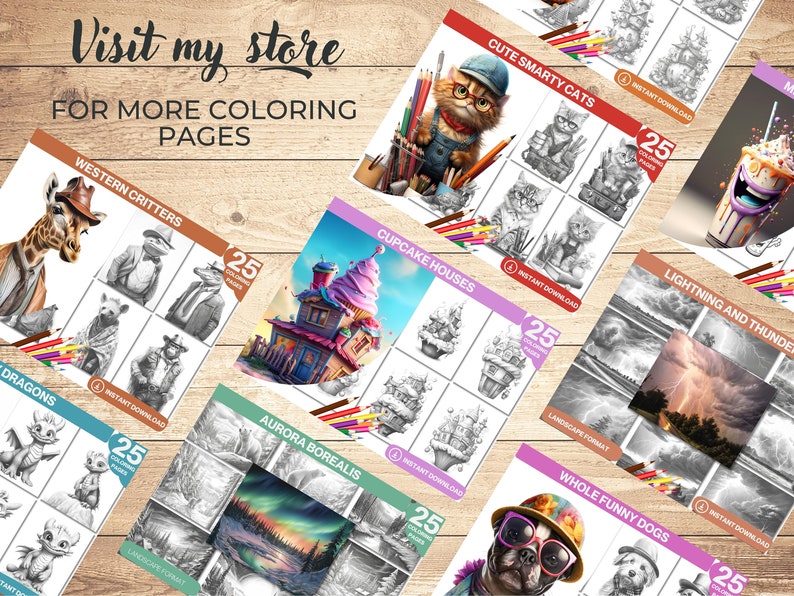 May include: A collection of 25 coloring pages featuring various themes, including cute cats, cupcake houses, dragons, western critters, aurora borealis, lightning and thunder, and funny dogs. Each page is available for instant download.
