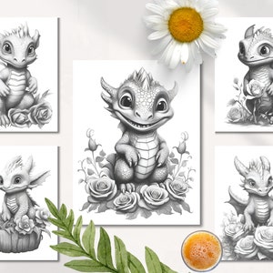 Puede incluir: Cinco ilustraciones en blanco y negro de adorables dragones beb&eacute;s con alas y escamas, rodeados de rosas. Cada drag&oacute;n est&aacute; en una pose diferente, algunos sosteniendo rosas.
