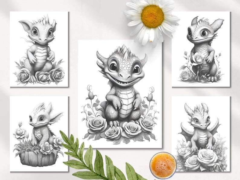 Puede incluir: Cinco ilustraciones en blanco y negro de adorables dragones beb&eacute;s con alas y escamas, rodeados de rosas. Cada drag&oacute;n est&aacute; en una pose diferente, algunos sosteniendo rosas.