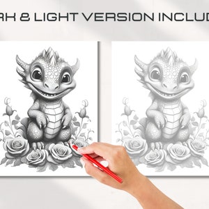 Puede incluir: Una ilustraci&oacute;n en blanco y negro de un lindo drag&oacute;n sentado en un lecho de rosas. El drag&oacute;n tiene una expresi&oacute;n amigable y est&aacute; sosteniendo sus patas juntas. Las rosas est&aacute;n en plena floraci&oacute;n y tienen p&eacute;talos delicados.