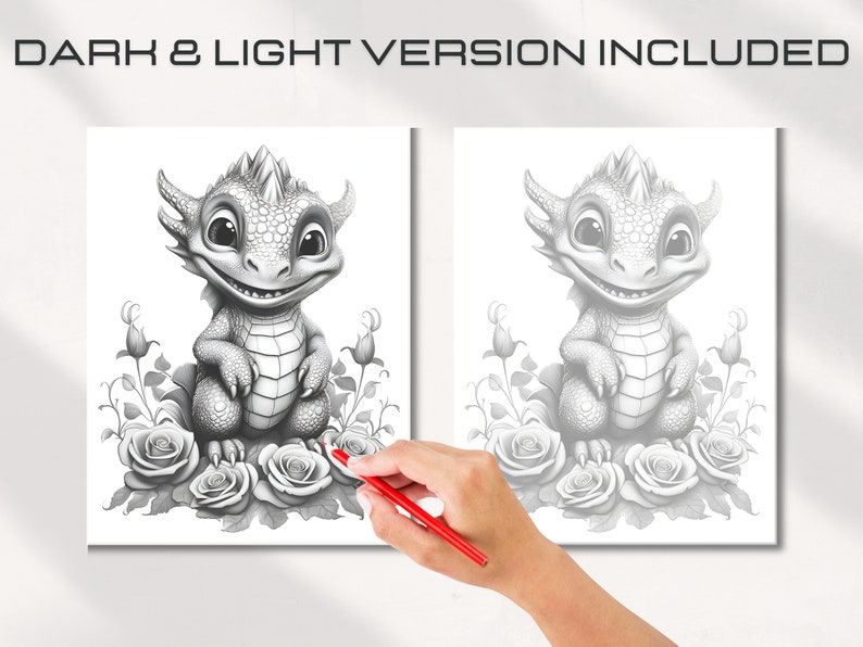 Puede incluir: Una ilustraci&oacute;n en blanco y negro de un lindo drag&oacute;n sentado en un lecho de rosas. El drag&oacute;n tiene una expresi&oacute;n amigable y est&aacute; sosteniendo sus patas juntas. Las rosas est&aacute;n en plena floraci&oacute;n y tienen p&eacute;talos delicados.